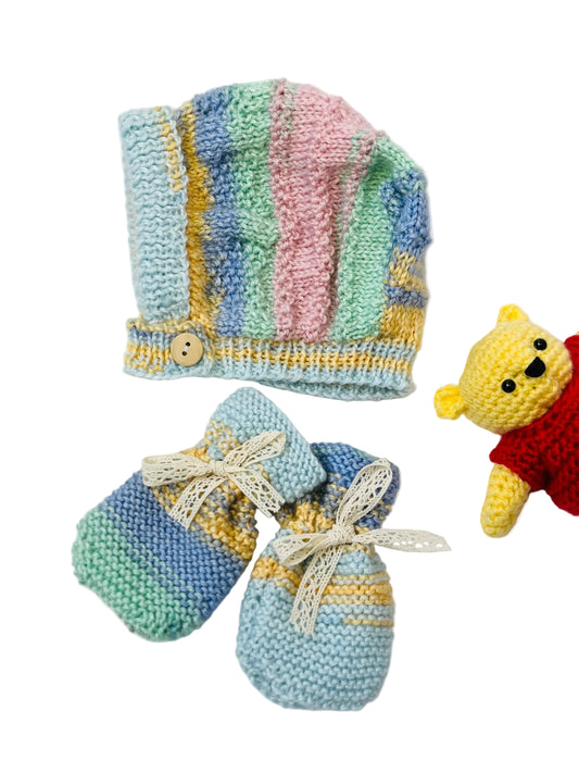 Vintage Style Hand Knitted Baby Bonnet and Mitt Set