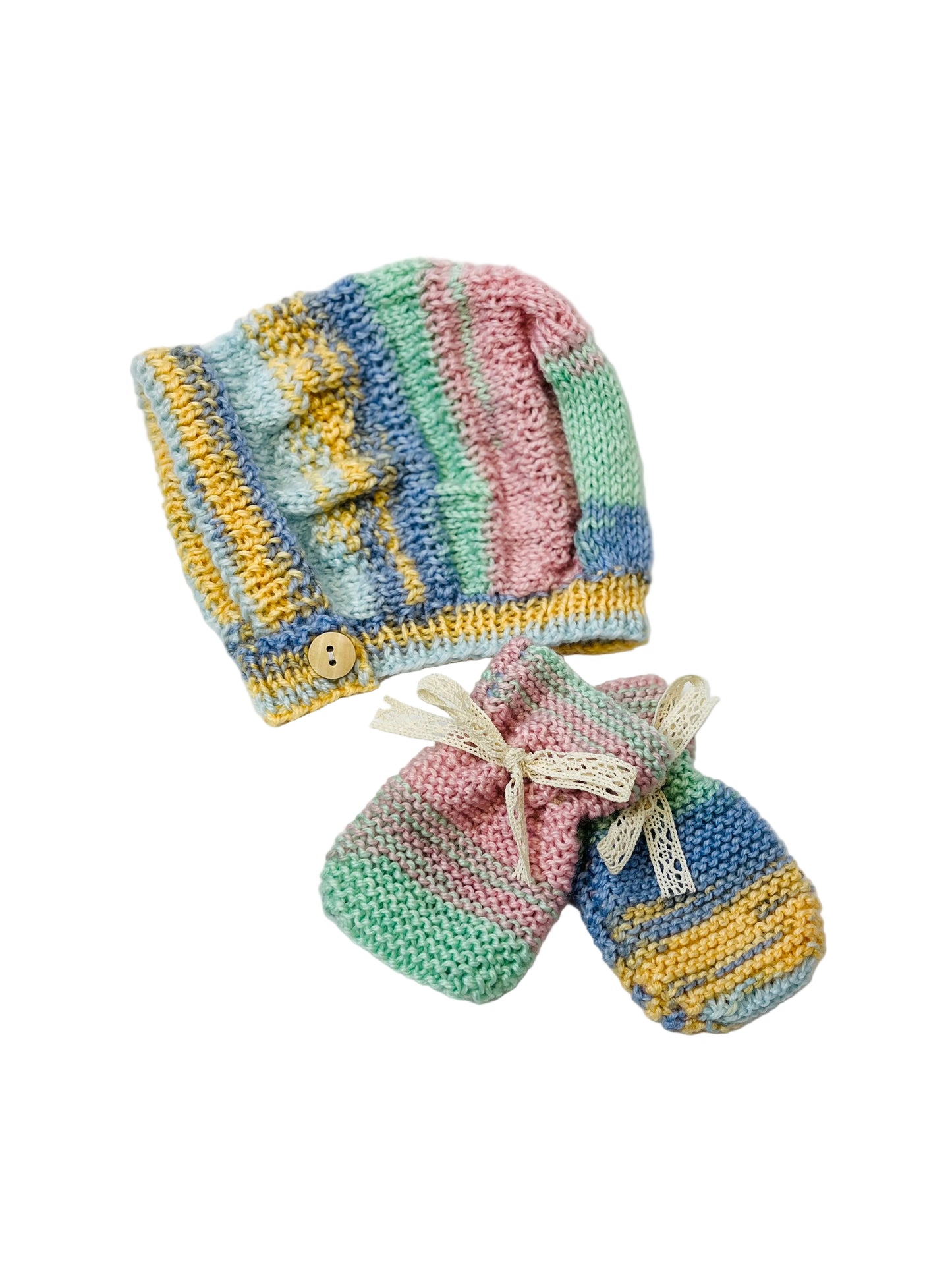Vintage Style Hand Knitted Baby Bonnet and Mitt Set